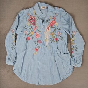Johnny Was Ashlee Henley Popover Tunic Womens Medium Embroidered Blue‎ Gingham